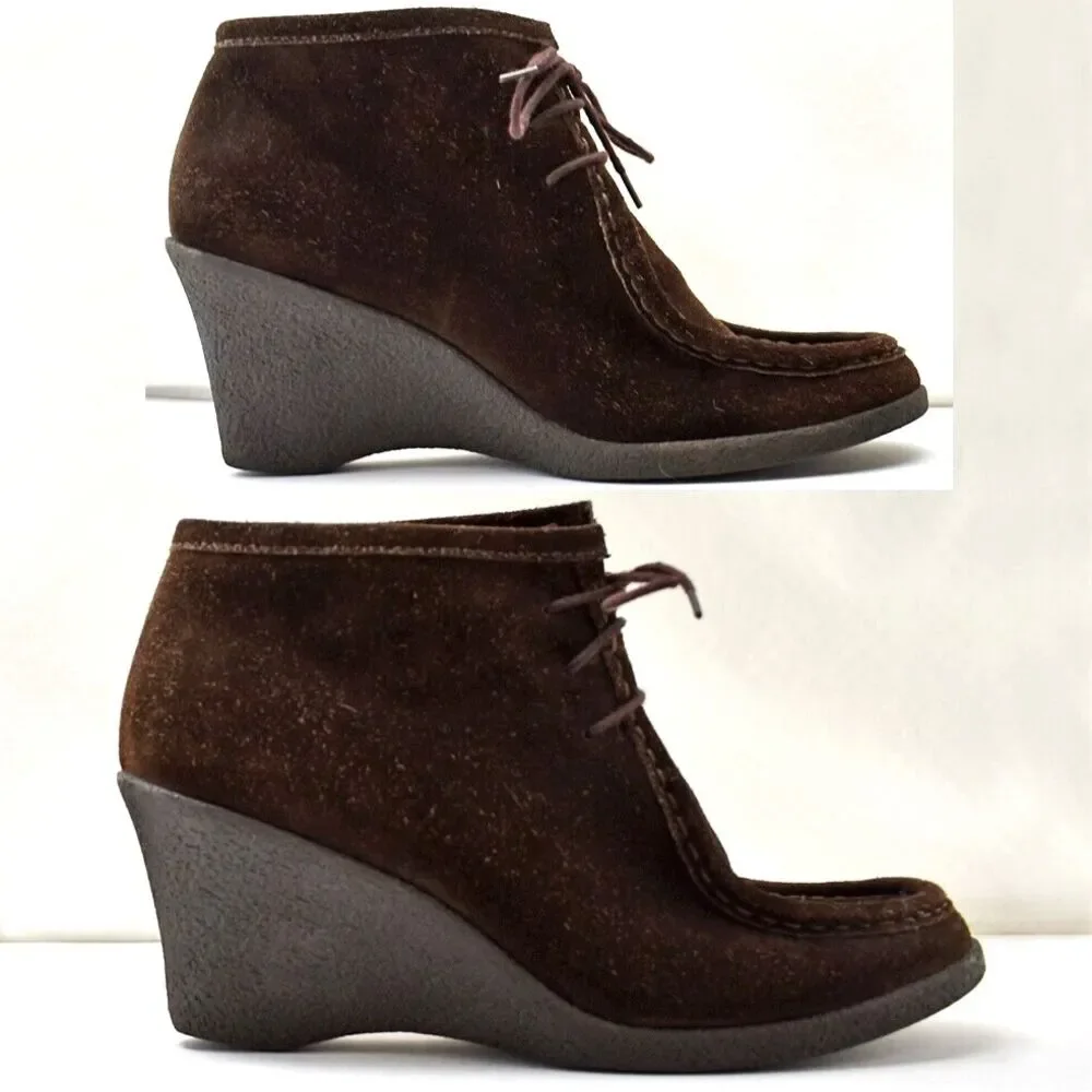 Banana Republic Wedge Heel Booties Women's 9.5 Brown Suede Leather Lace-Up